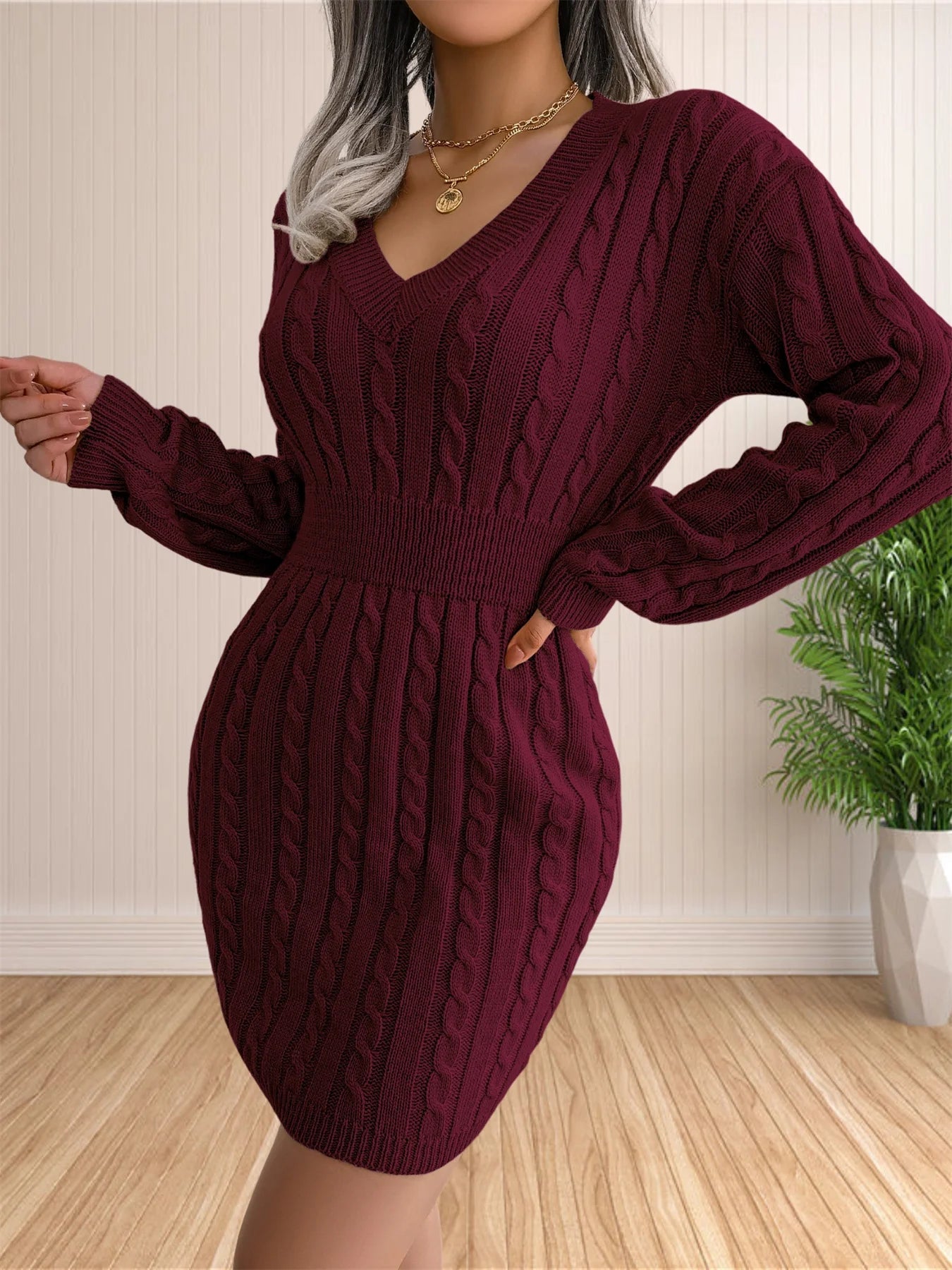 Women Sweater Dresses Cocktail V Neck Knitted Dress Sweater Sheath Dress