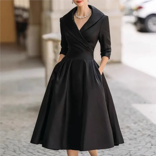 Women Elegant Wedding Guest Dress Turndown Collar Mid-Length Waisted A-Line Evening Dress Cocktail Party Satin Midi Dresses