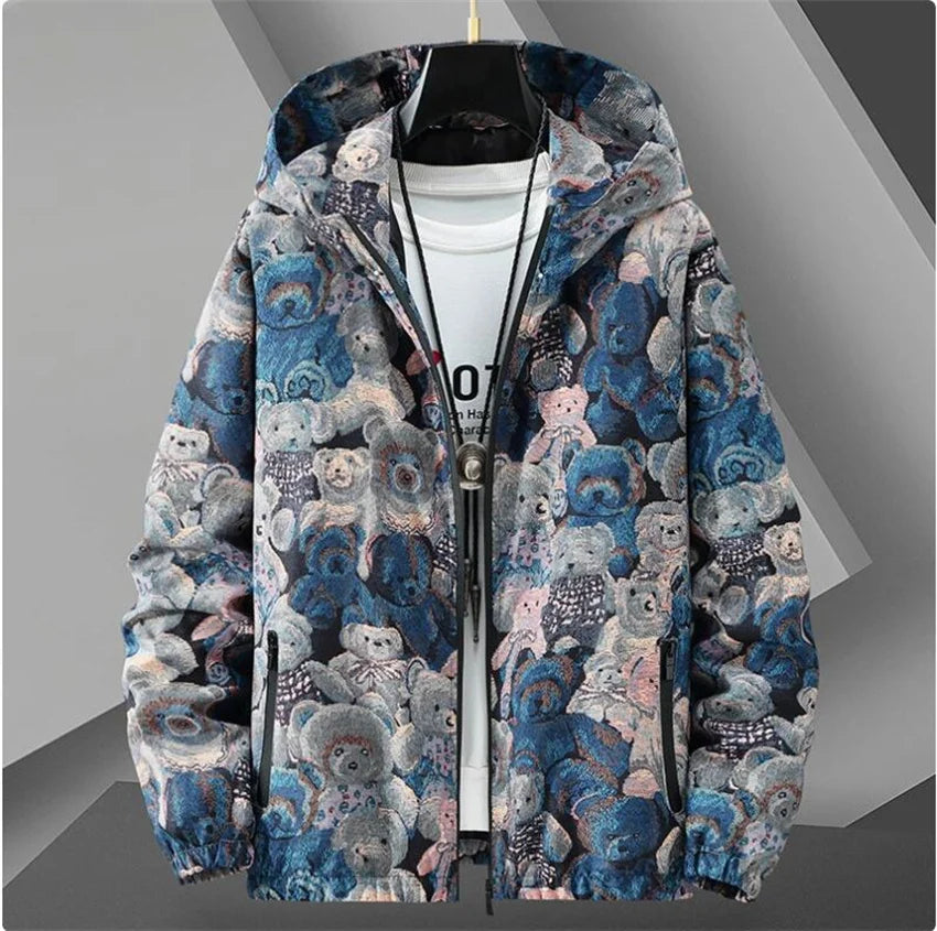 Vintage flower bear pattern Patchwork Windbreaker Men Jackets Autumn Hip Hop Streetwear Zip Up Casual Outerwear Jackets Clothes
