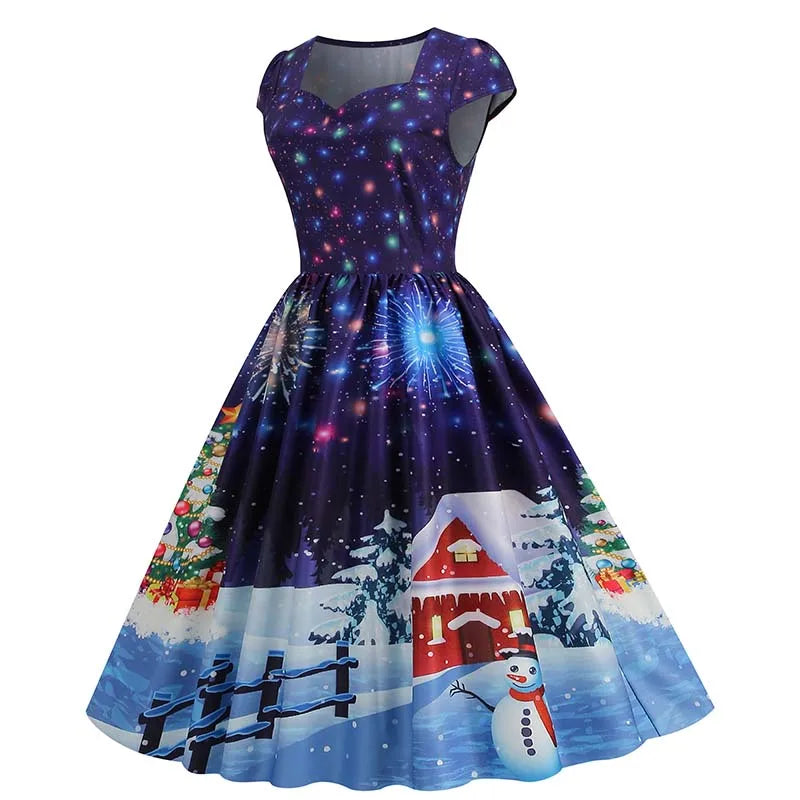 Christmas Dresses for Women Winter Pinup Rockabilly Sexy Cosplay Party Dress Santa Claus Snow Print Cocktail Prom Dress