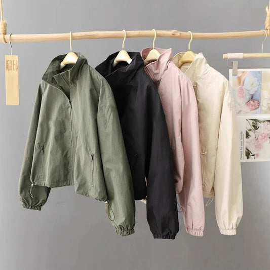 Women's Jackets New Spring Autumn Thin Cardigan Jacket Zipper Long Sleeve Simple Fashion Solid High-necked Casual Female Outwear