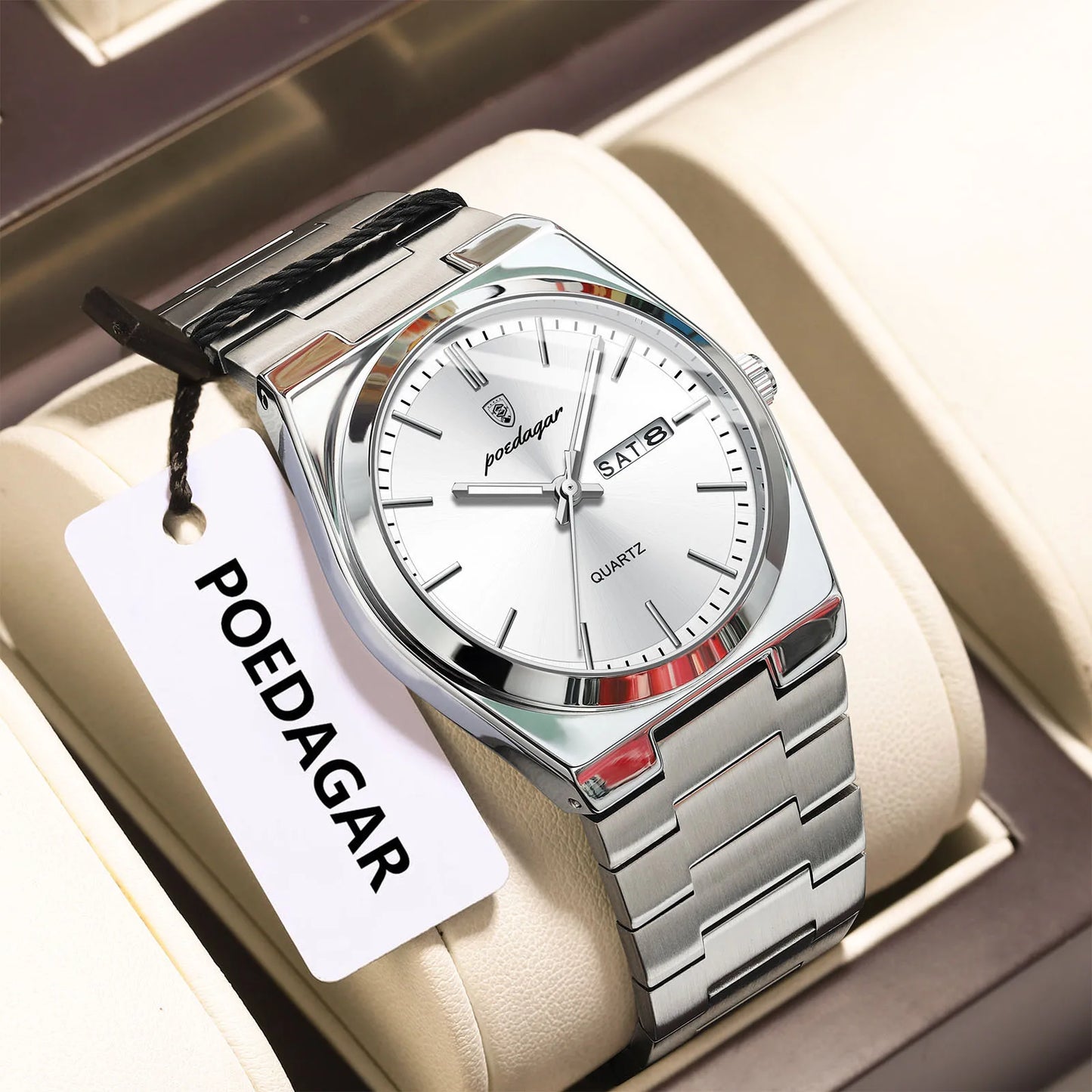 POEDAGAR Luxury Men Watch Stainless Steel Waterproof Luminous Man Wristwatch Date Week Fashion Casual Men's Watches Quartz Reloj