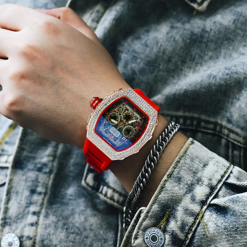 New Men's Hengbo Long European and American Hollow Star Diamond Fashion Barrel-Shaped Three-Eye Six-Hand Business Quartz Watch