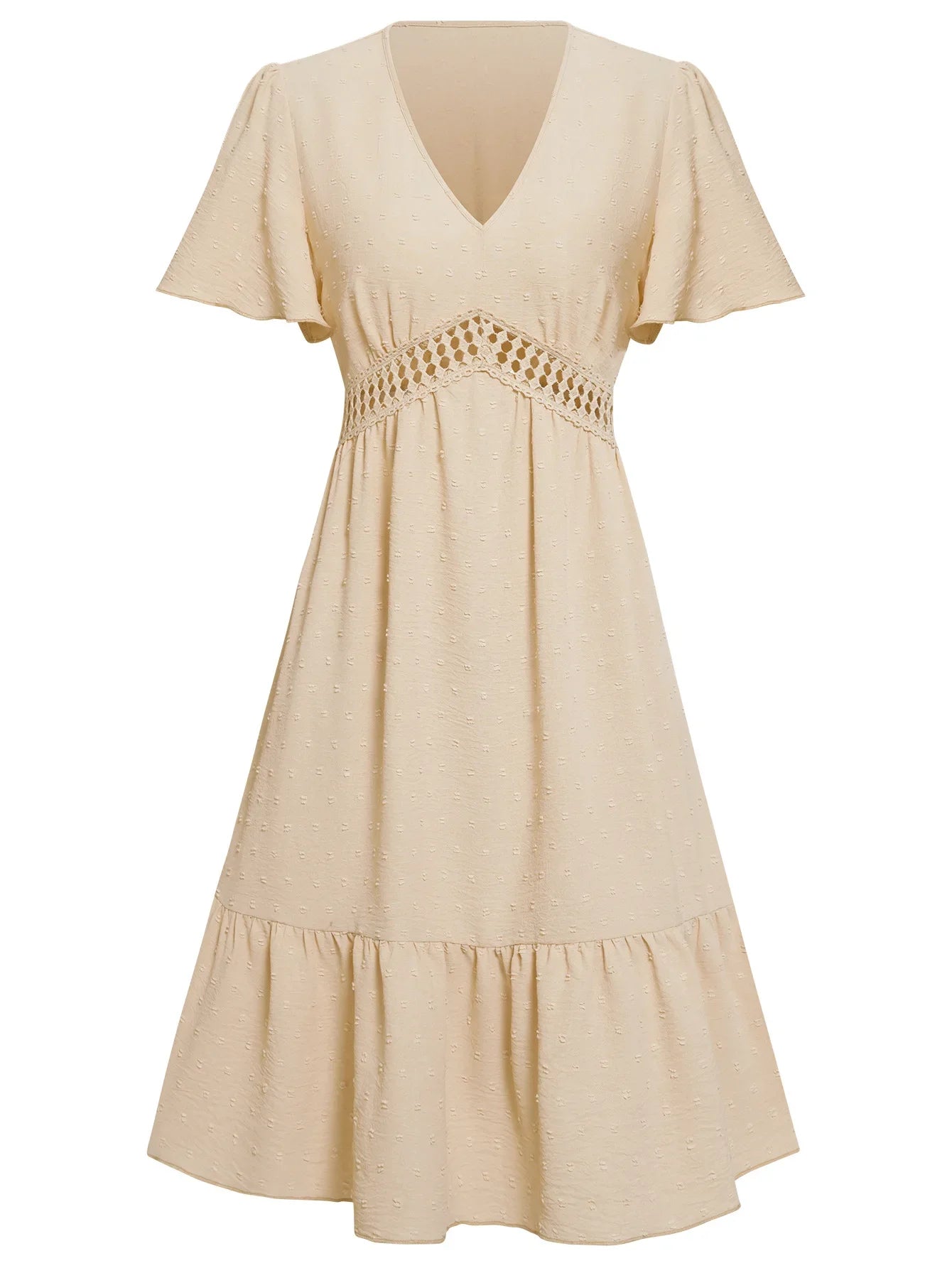 Summer Womens Dresses 2025 Solid Color V-neck Waist Ruffle Sleeve Knee Length Swing elegant party Dress Casual Holiday Vestidos