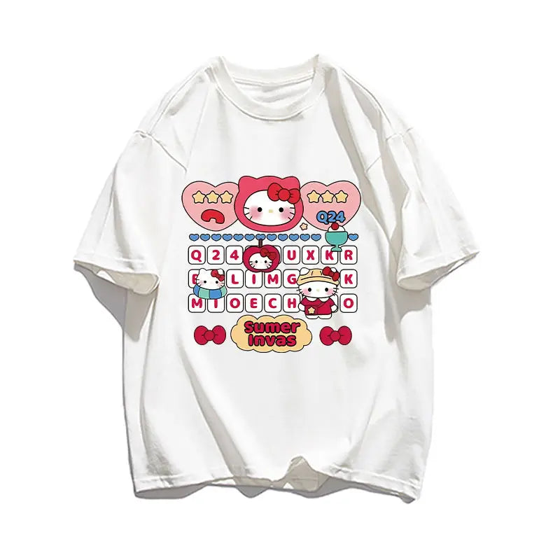 Cute Hello Kitty Cotton Cartoon Men Women T-shirt Y2k Short-sleeved Loose Women Men T-shirts Harajuku Male Female Clothing Tops