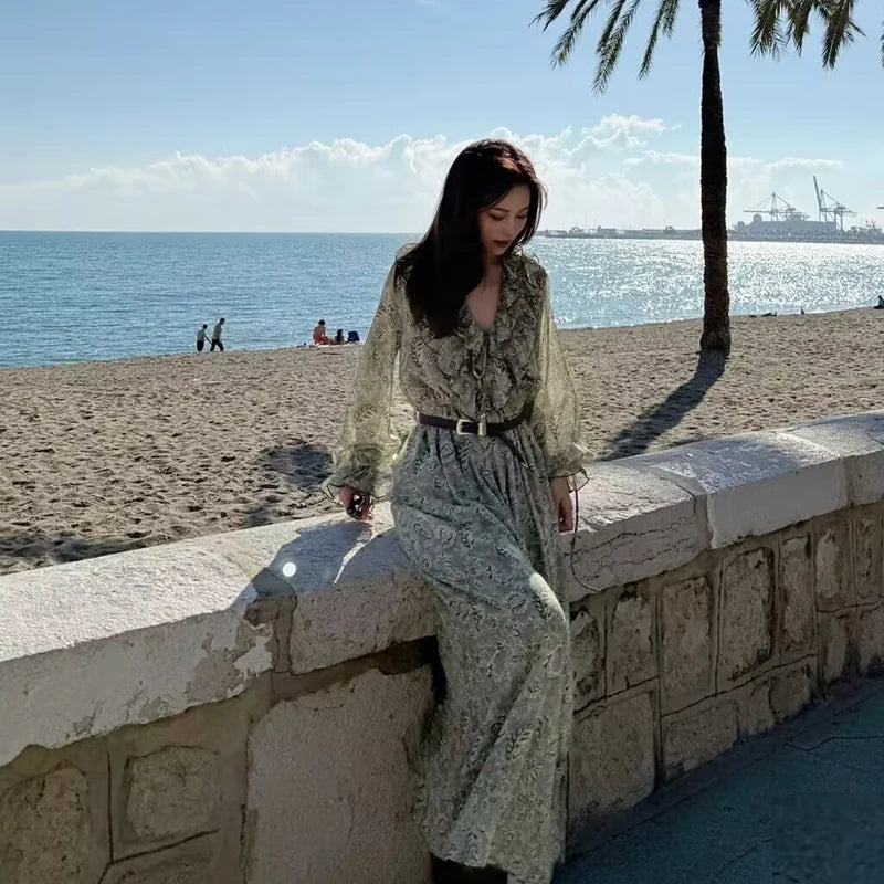 Dresses Women's 2025 New Spring Chiffon Print V-neck Chic Slim Long Dress Fashion Elegant Holiday Street Women's Dress