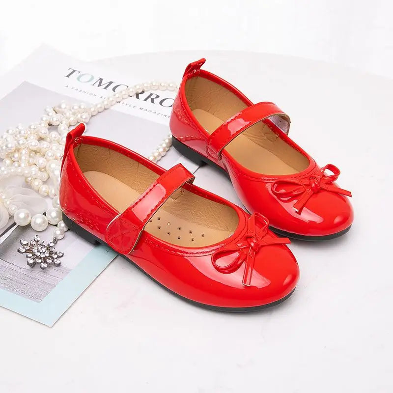 2025 New Kids Shoes Childrens Bowknot Princess Shoes Girls Flat Leather Shoes Gold Silver Red Spring Autumn For 3-10T