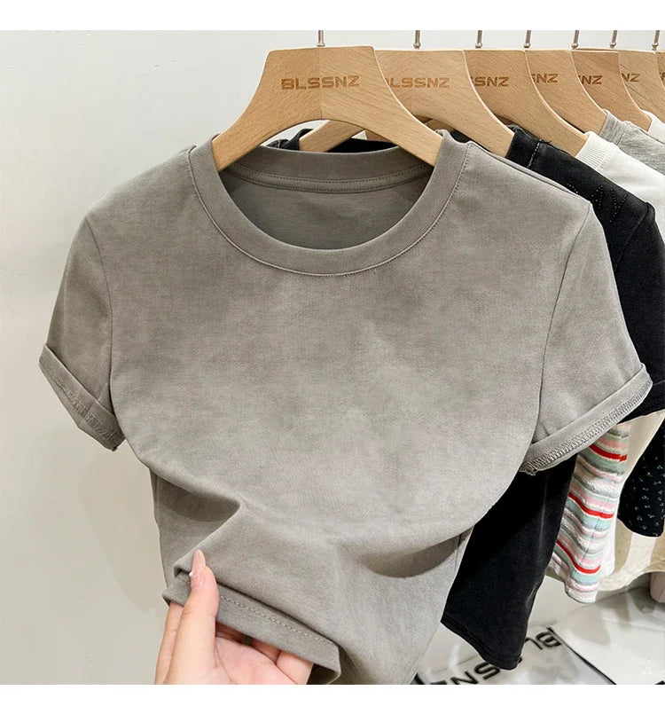 Women's Cotton T-shirt Female Summer 2025 Short Sleeve Washed Vintage Tee Harajuku Casual O-Neck Simple Slim Fit T Shirts