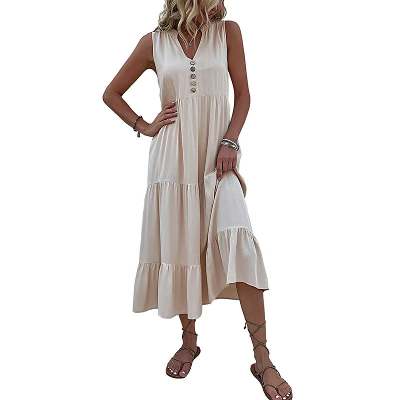 Dresses for Women 2025 Summer V-neck Single-breasted Vest Dress Sleeveless Loose Casual Solid Color Dress Vestidos De Mujer
