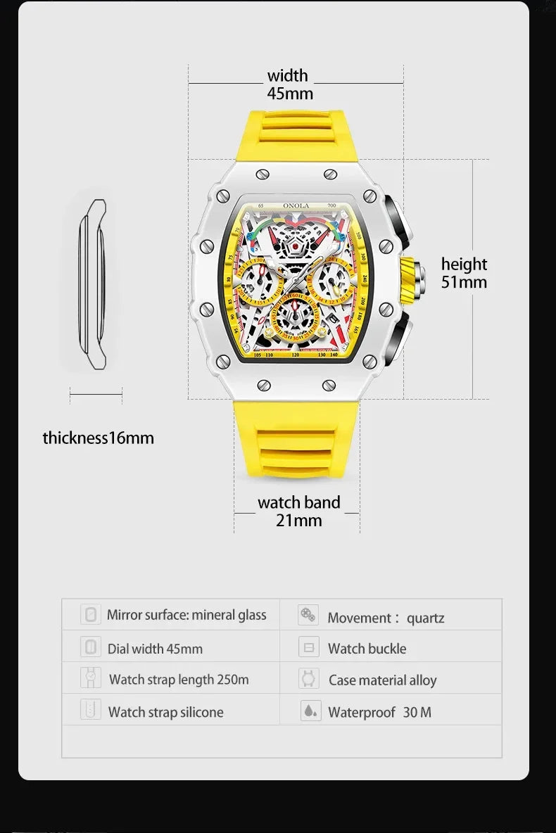 Watches for Man ONOLA 6827W Trend White Men Watch Waterproof Chronograph Quartz Wristwatch Sports Silicone Strap Reloj Hombre