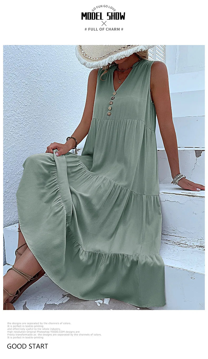 Dresses for Women 2025 Summer V-neck Single-breasted Vest Dress Sleeveless Loose Casual Solid Color Dress Vestidos De Mujer