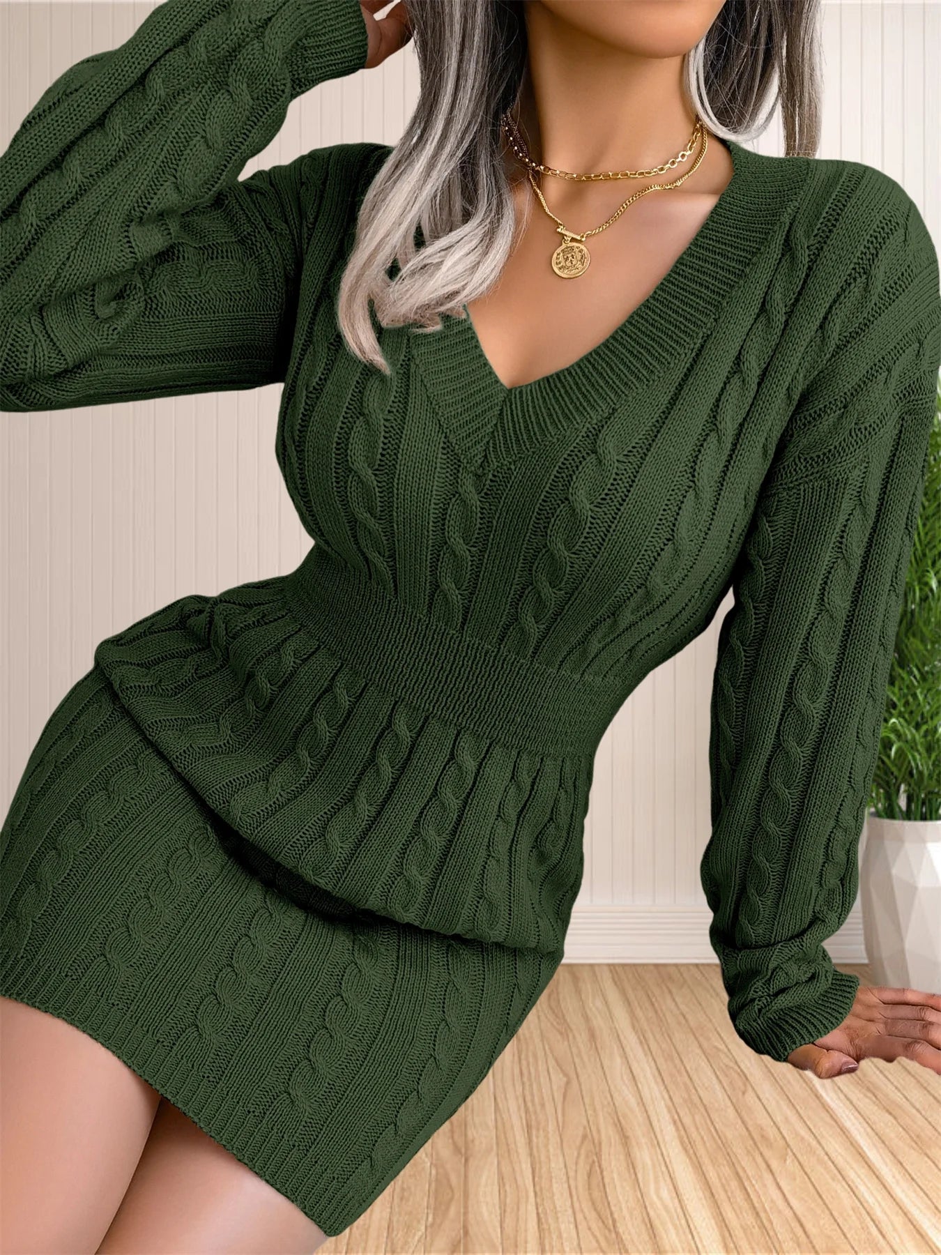Women Sweater Dresses Cocktail V Neck Knitted Dress Sweater Sheath Dress