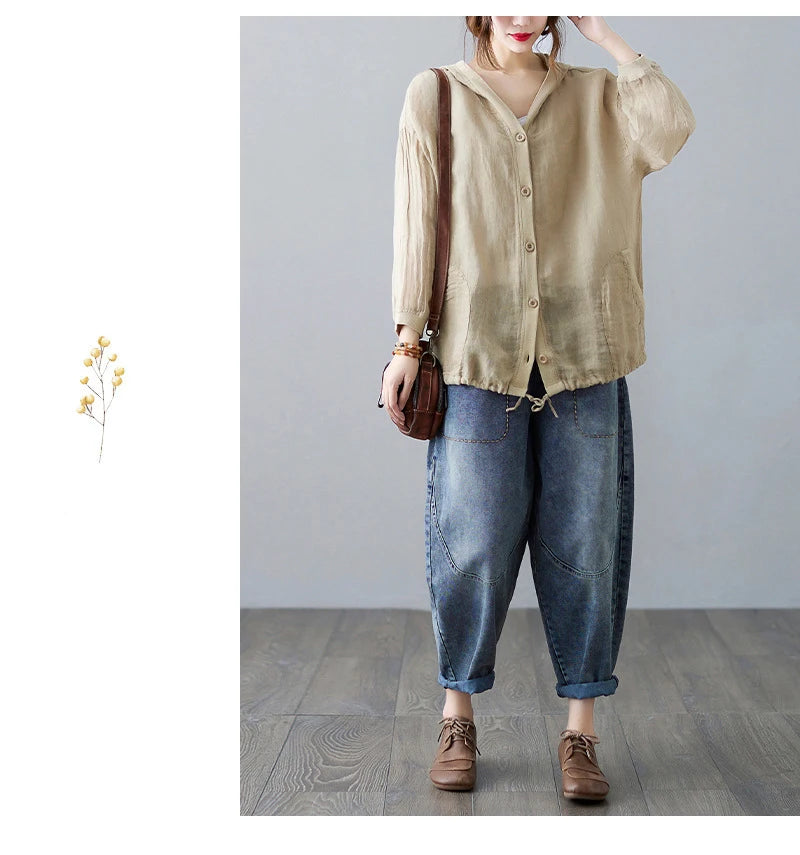 Women Summer Loose Hooded Sunscreen Casual Thin Jackets New Arrival Simple Style Solid Color Female Long Sleeve Hooded Coats