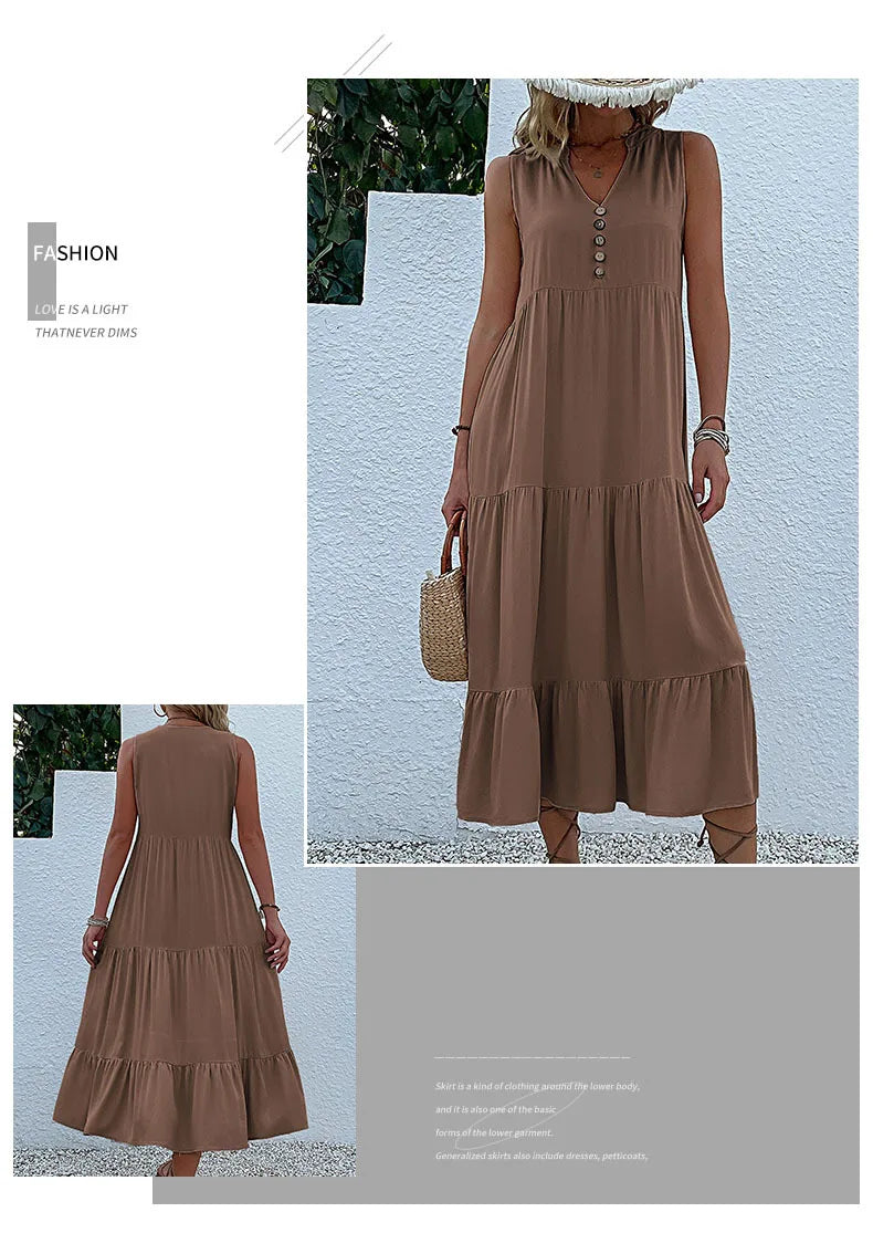 Dresses for Women 2025 Summer V-neck Single-breasted Vest Dress Sleeveless Loose Casual Solid Color Dress Vestidos De Mujer