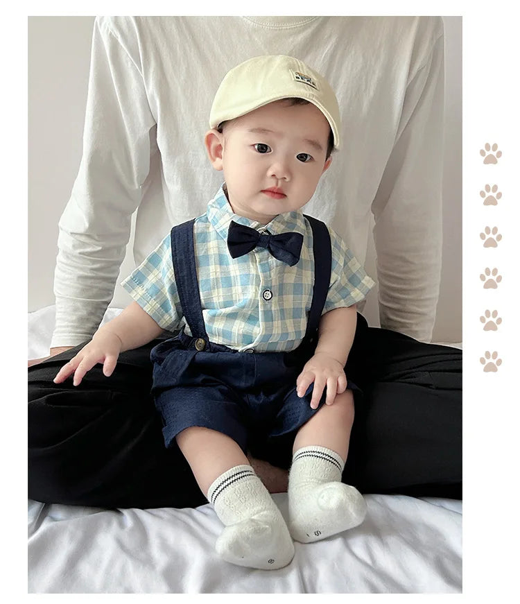 Boy Suit Summer Newborn Baby Clothes Summer Gentleman Children's Dress Lattice Shirt Strap Short+socks 3-piece Suit.