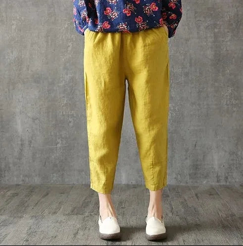 Women Summer Casual Loose Harem Elastic Waist Cotton Linen Pants Ninth Trousers