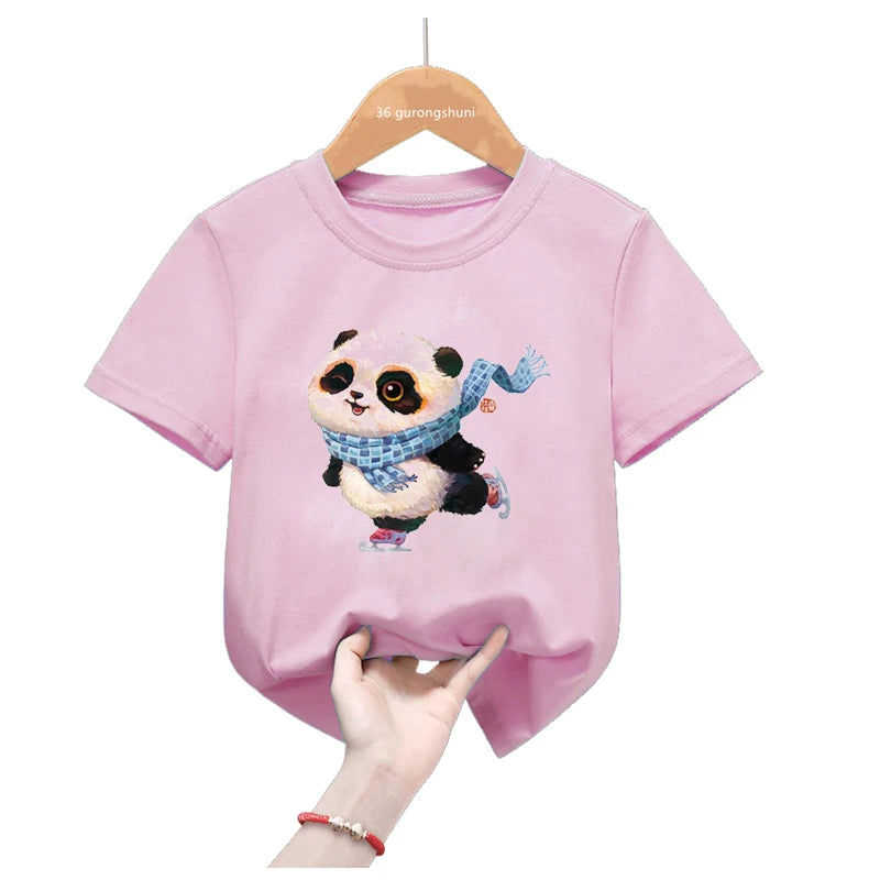 Rainbow Panda Birthday Gift Pink T Shirt Girls Harajuku Kawaii Kids Clothes Summer Fashion Tops Tee Shirt Funny T-Shirt