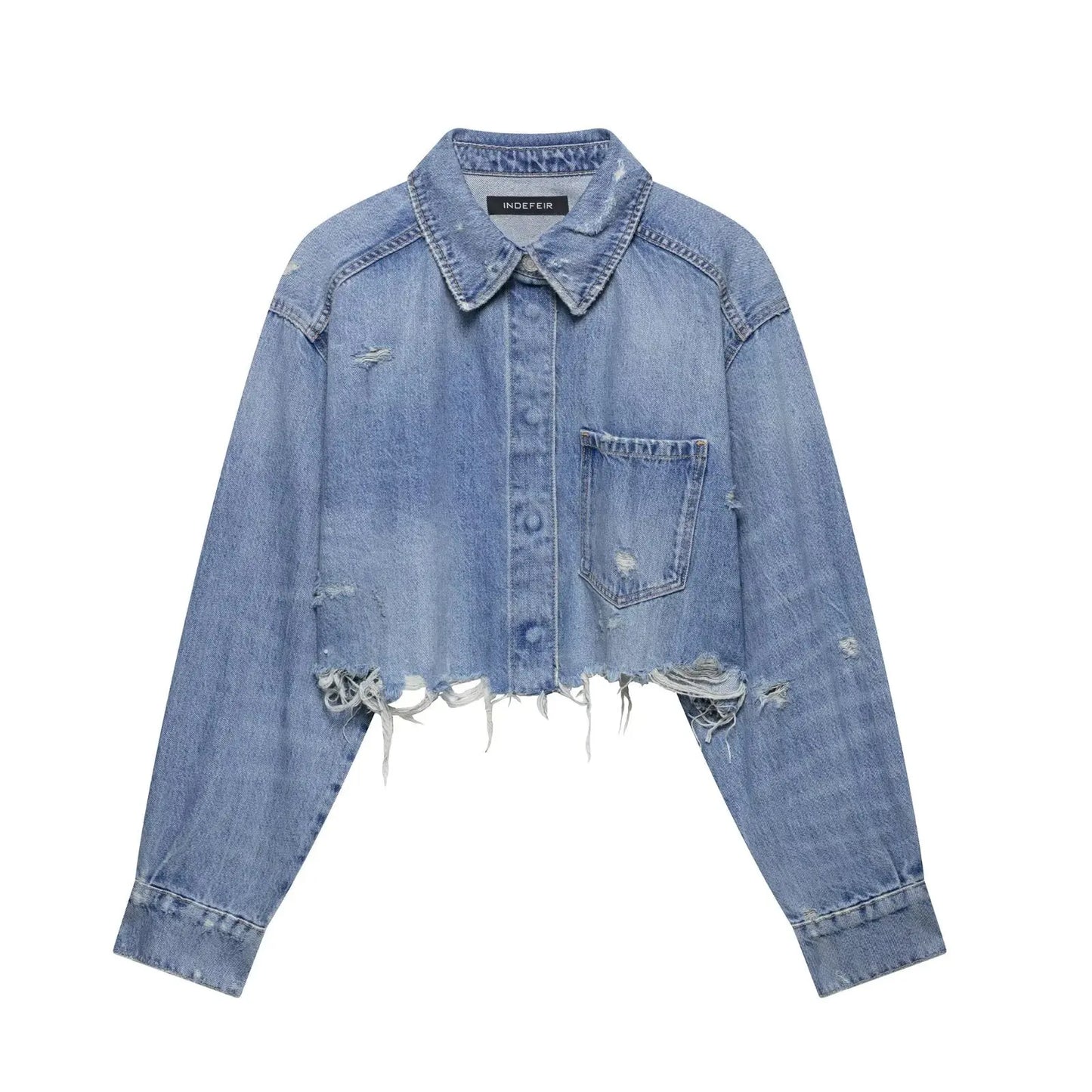 Denim short jacket for women, ripped decorative shirt, new single-breasted long-sleeved shirt top, casual retro street style