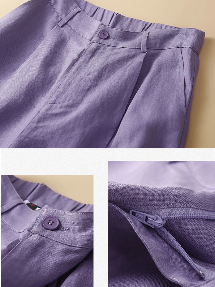 Women's Shorts Cotton Linen High Waisted Short Pants Casual Loose Solid Purple Button Summer Shorts for Women