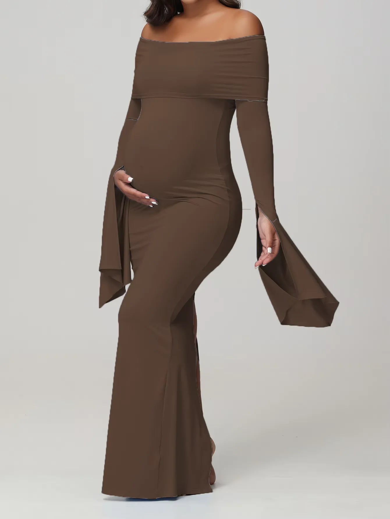 Women Maternity Dresses For Photoshoot Sexy Off Shoulder Long Sleeve Bodycon Pregnancy Baby Shower Maxi Gown