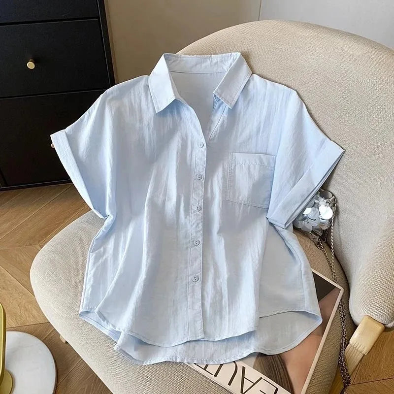White Cotton Shirt Women Summer New Thin Loose Blouses Fashion Korean Commute Solid Short Sleeved Shirt Top