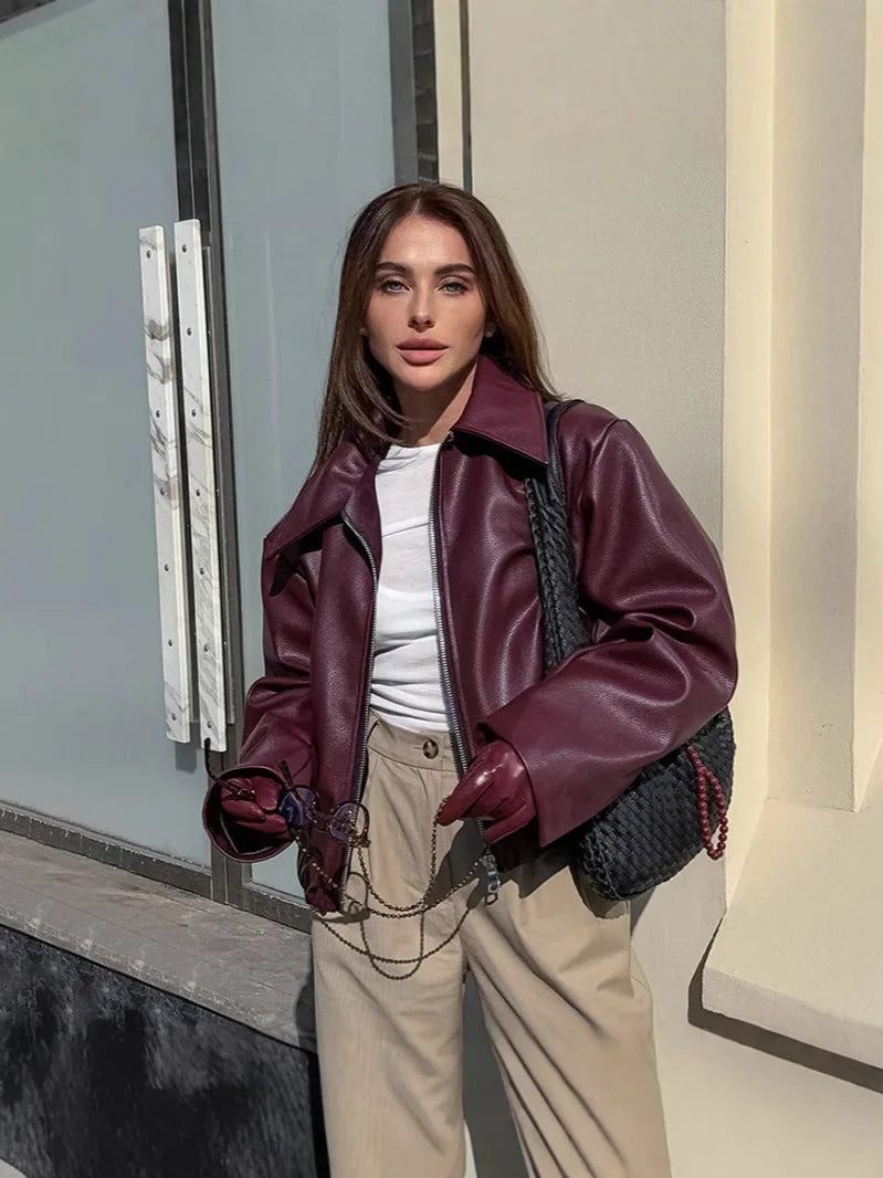 Womens Jacket Outerwears Cropped Faux Leather Jacket Autumn Long Sleeve Burgundy Bomber Jackets Casual Zipper Short Jacket