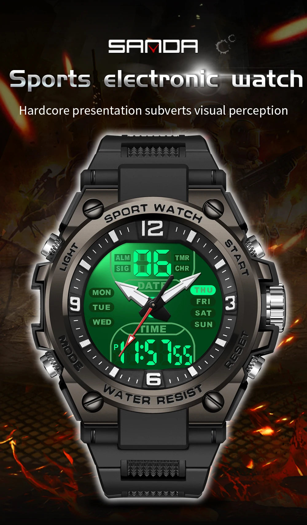 SANDA New Fashion Men Watch Multifunctional Outdoors Sports Waterproof Wristwatch LED Luminous Electronic Digital Men Watches