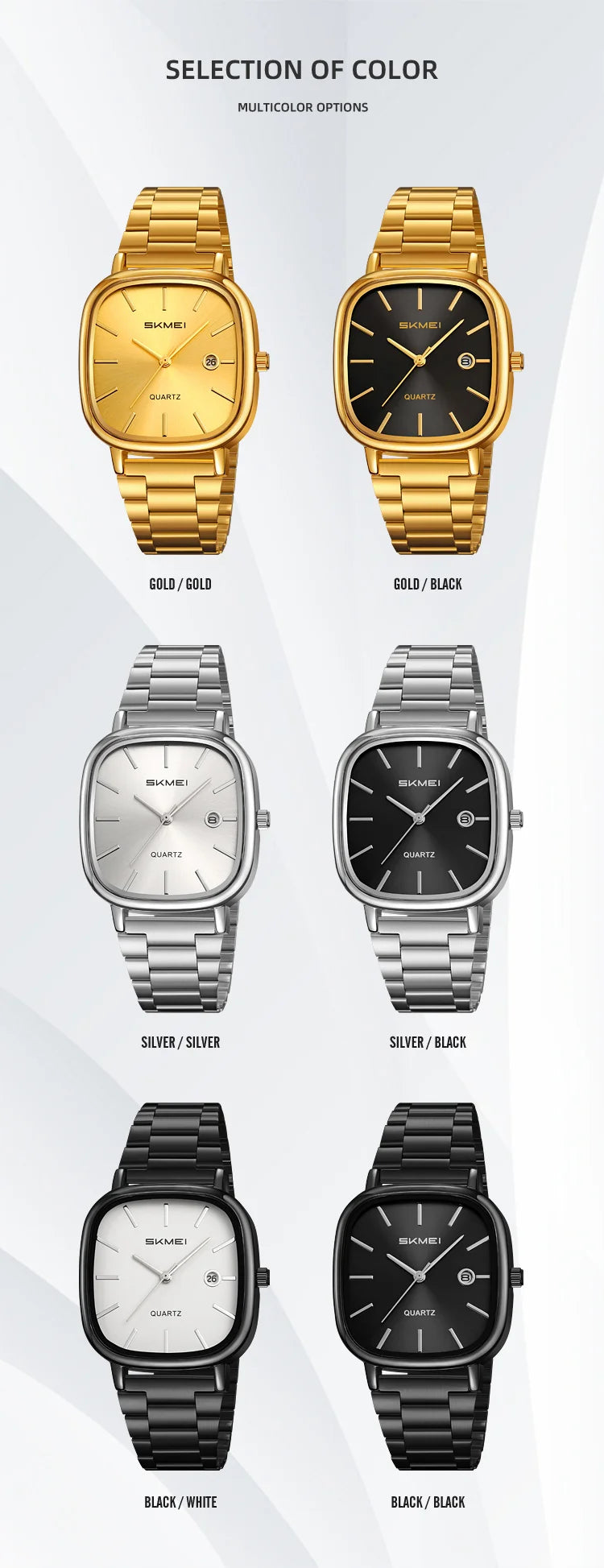 SKMEI Men's Quartz Watch Retro Square Zinc Alloy Case Gold Stainless Steel Band, 30M Water Resistance Time & Date Functions 2551