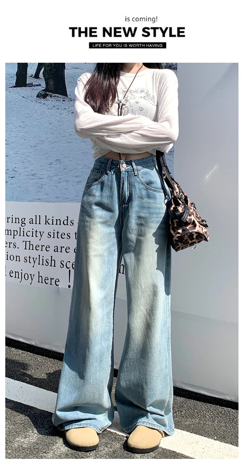 Women's Jeans Denim Pants 2025 Euramerican High Waist Girl Style Jean Trousers Colorful Straight Leg Wide Leg Pants