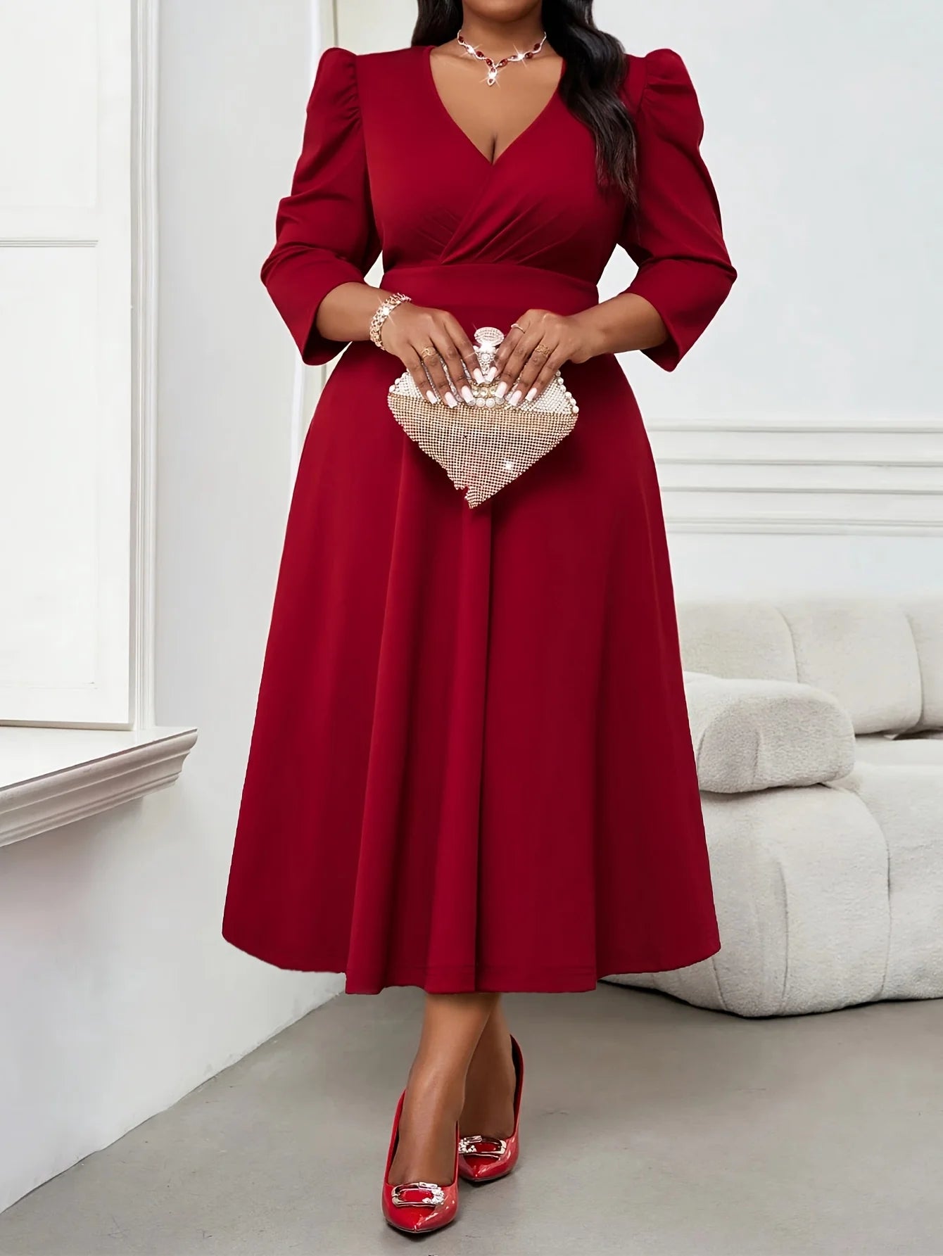 Elegant red dress for large-sized women, high-end women's wear, spring and autumn three-quarter sleeves, elegant women's wear gr