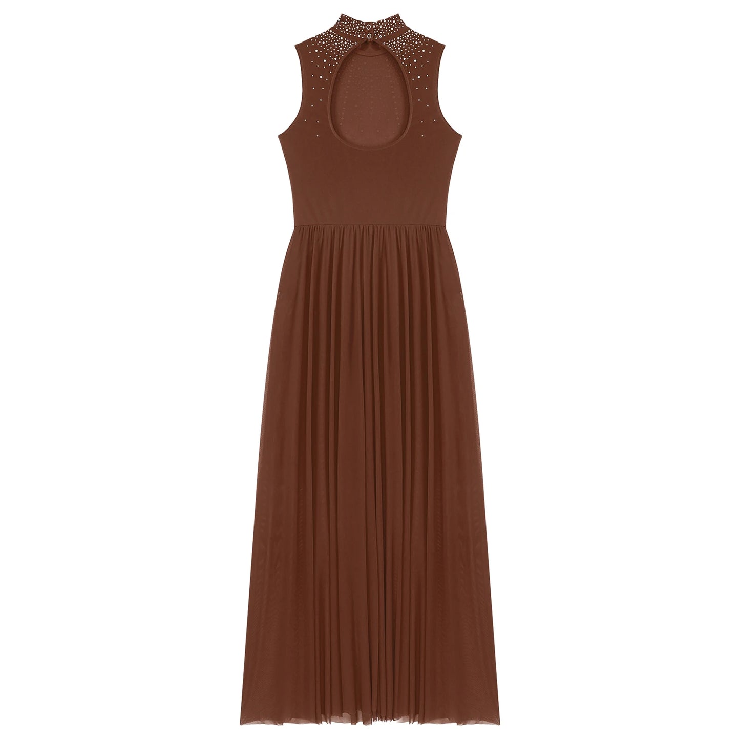 Womens Lyrical Dance Dresses Mock Neck Wide Hemline Shiny Rhinestones Maxi Dress Sleeveless Modern Contemporary Leotard Dresses