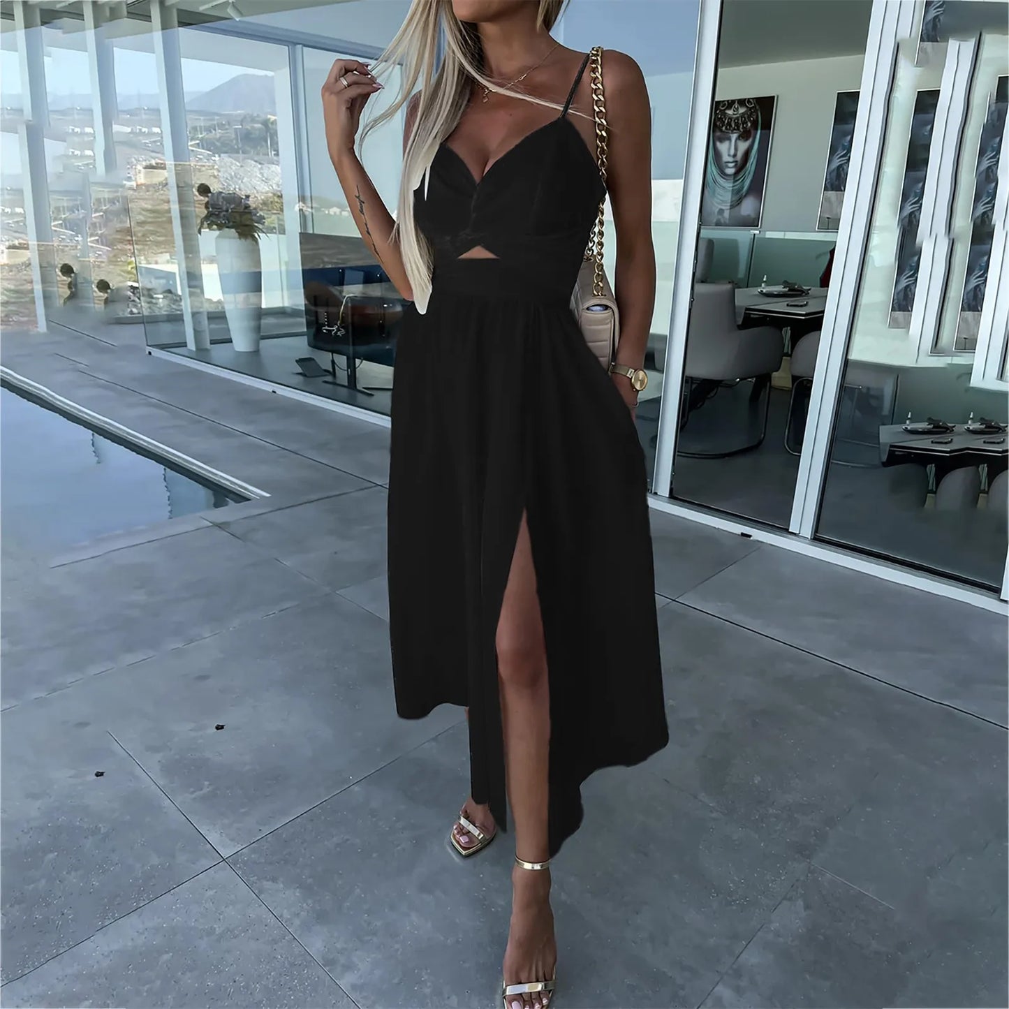 dresses for women trend sexy party dresses V-Neck Big Swing Slimming Backless Sleeveless long Dress Suspenders Hollow vestidos