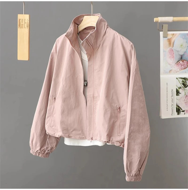 Women's Jackets New Spring Autumn Thin Cardigan Jacket Zipper Long Sleeve Simple Fashion Solid High-necked Casual Female Outwear
