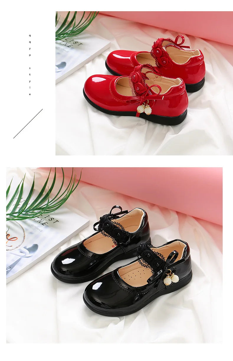 Kids Black Performance Shoes Soft Sole for Students Flat Shoes Casual Versatile 2025 New Kids Princess Shoes with Sweet Pendant