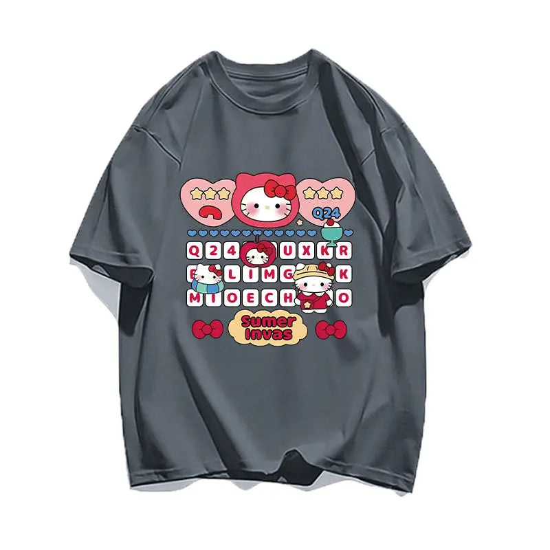 Cute Hello Kitty Cotton Cartoon Men Women T-shirt Y2k Short-sleeved Loose Women Men T-shirts Harajuku Male Female Clothing Tops