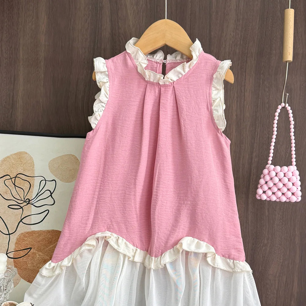 Bear Leader Korean Solid Color Kids Clothes Summer Pink Lace Girls Dress Sleeveless Black Fungus Edge Mesh Splicing Dresses