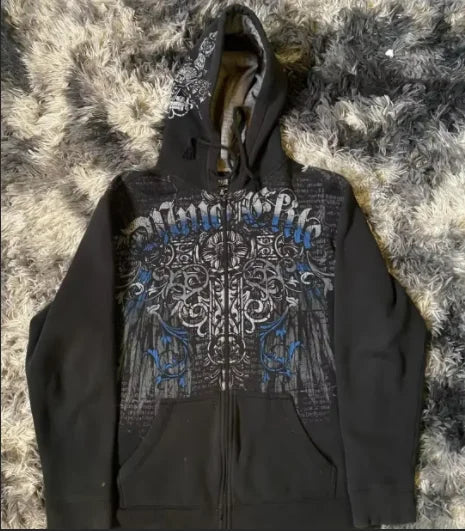 Y2K Gothic Graffiti Print Zip Up Hoodies for Women's Grunge Vintage Sweatshirt Harajuku Japanese Aesthetic Men Jackets
