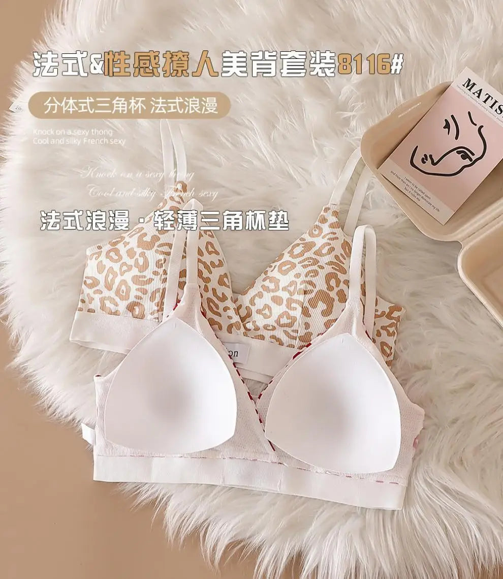 Women Seamless Bra Set Low Waist Panties Leopard Bralette Sexy Lingerie Set Vneck Sport Brassiere Female Cotton Underwear Set
