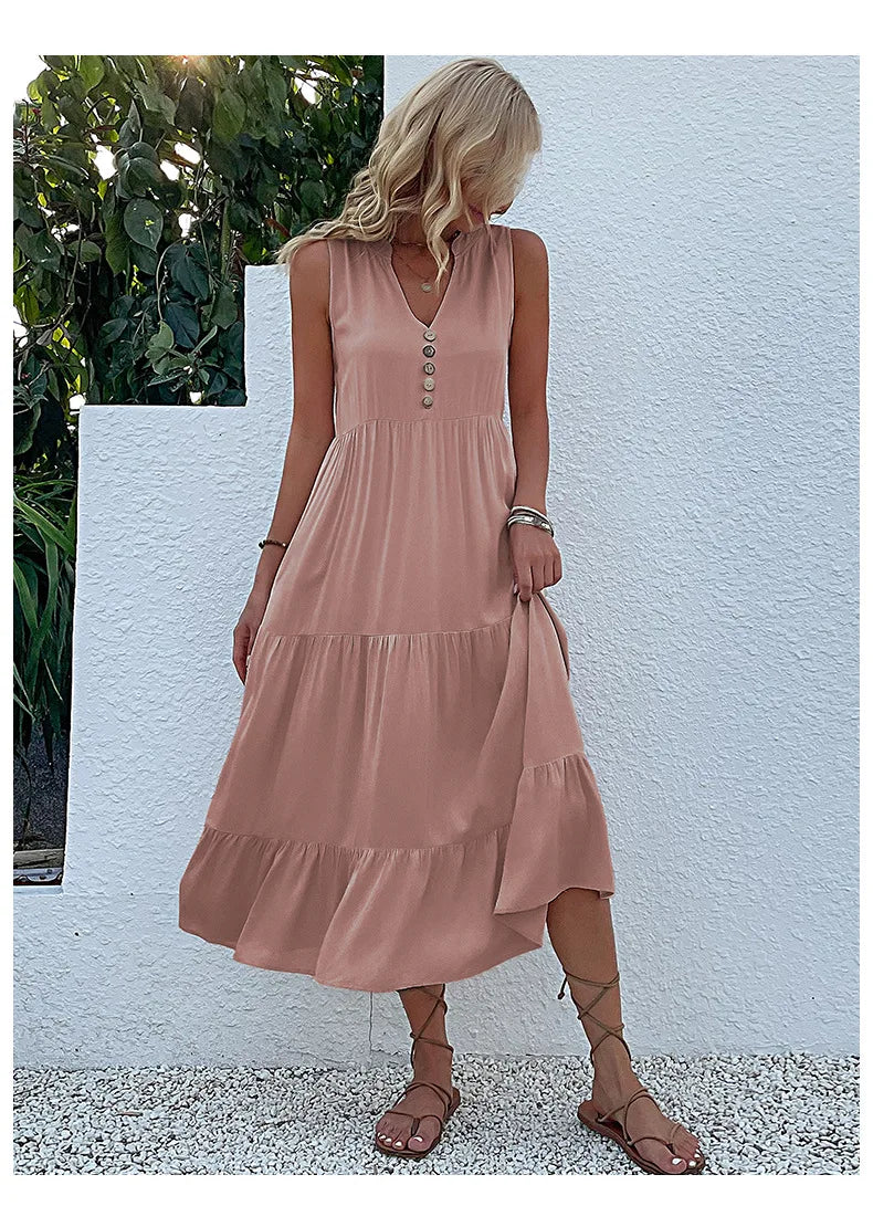 Dresses for Women 2025 Summer V-neck Single-breasted Vest Dress Sleeveless Loose Casual Solid Color Dress Vestidos De Mujer