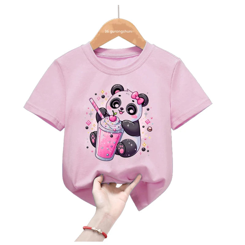 Rainbow Panda Birthday Gift Pink T Shirt Girls Harajuku Kawaii Kids Clothes Summer Fashion Tops Tee Shirt Funny T-Shirt