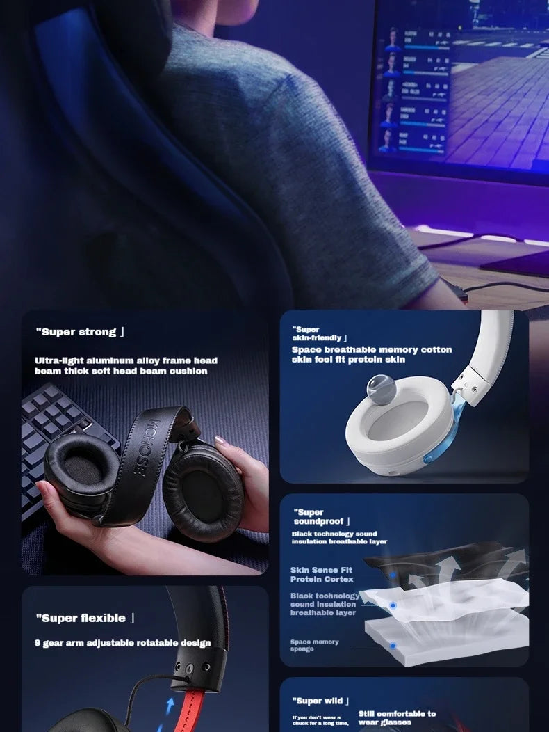 MCHOSE V9 Pro Wireless 3-Mode Headphones Esports Noise Reduction Mic Customizable Head-mounted Earphones for Music Gaming PC