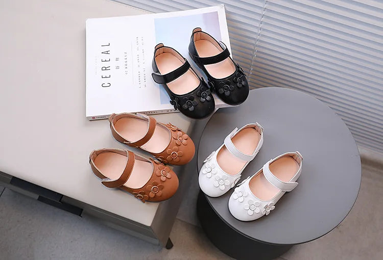 Kids Black Shoes Soild Color Casual Girls Flat Shoes Versatile Sweet Flowers 2025 Autumn New Children Princess Shoes Performance