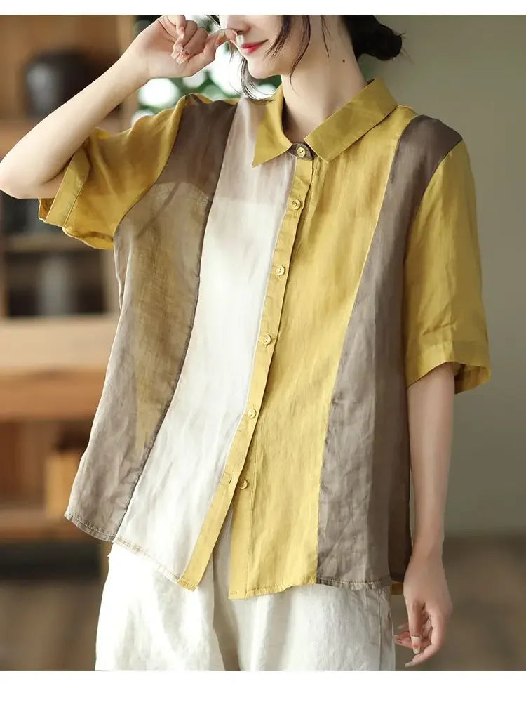 Cotton and Linen Shirt for Women Fashionable and Versatile Cardigan Lapel Top Thin
