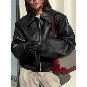 Womens Jacket Outerwears Cropped Faux Leather Jacket Autumn Long Sleeve Burgundy Bomber Jackets Casual Zipper Short Jacket