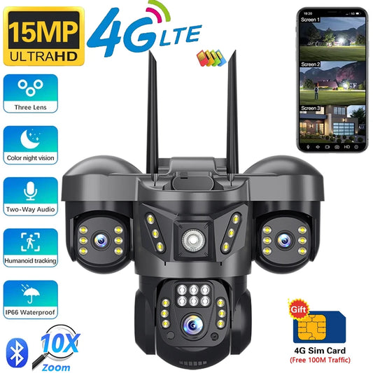 Home Surveillance Cameras 15MP 4GSim Card Triple Lenses Triple Screens 360 Video Monitor Night Vision Camera Security Protection