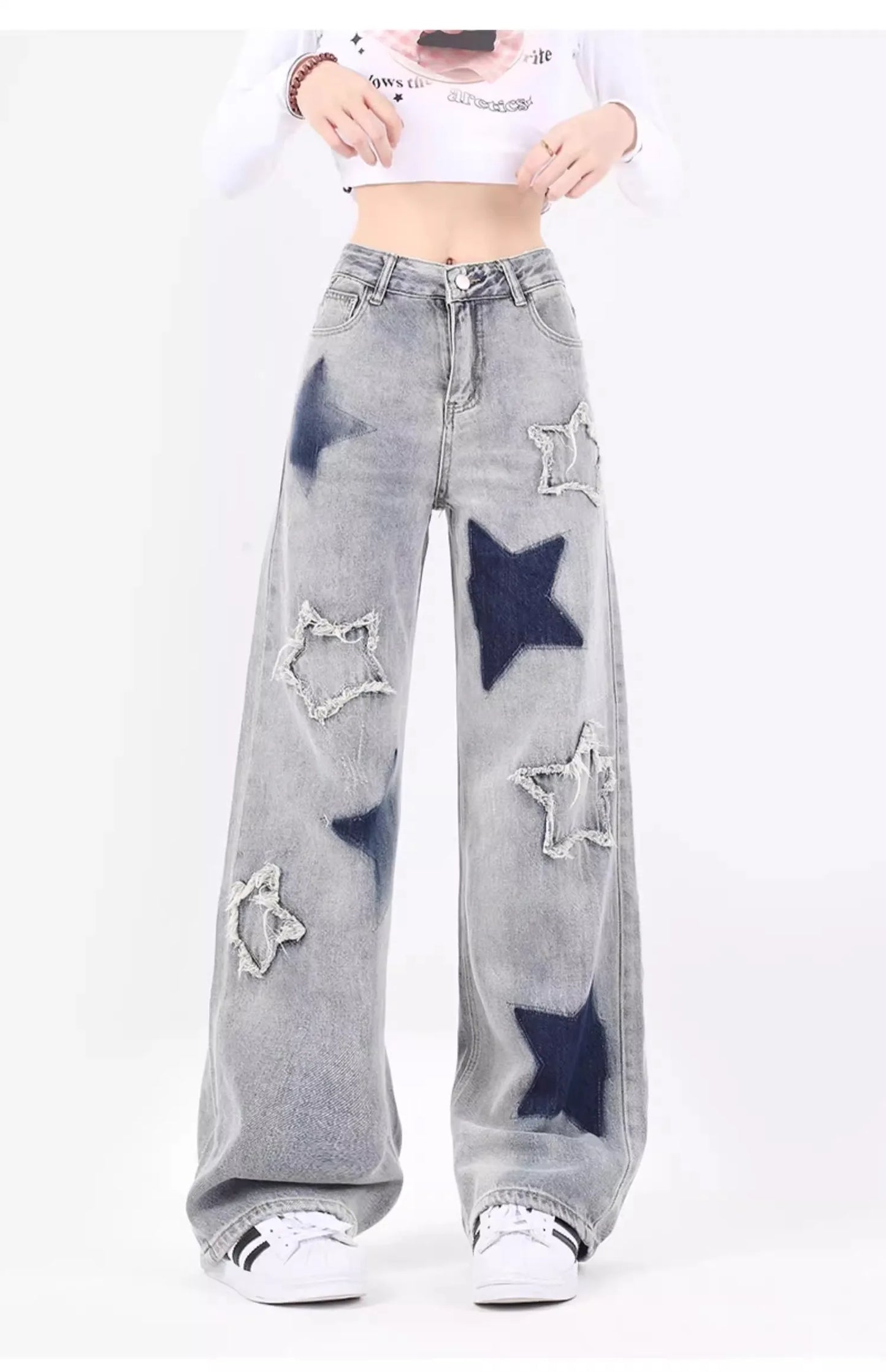 Women's Jeans American Vintage Star Embroidery Casual Denim Trousers Y2K Design Sense Denim High Street Loose Straight Leg Pants