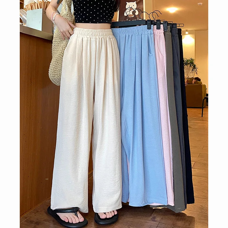 Summer Women Sweet Colorful Ice Silk Pants Lady Baggy Versatile Elastic Straight Leg Trousers Female Wide Leg High Waisted Pants