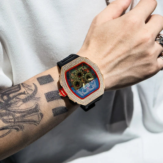 New Men's Hengbo Long European and American Hollow Star Diamond Fashion Barrel-Shaped Three-Eye Six-Hand Business Quartz Watch