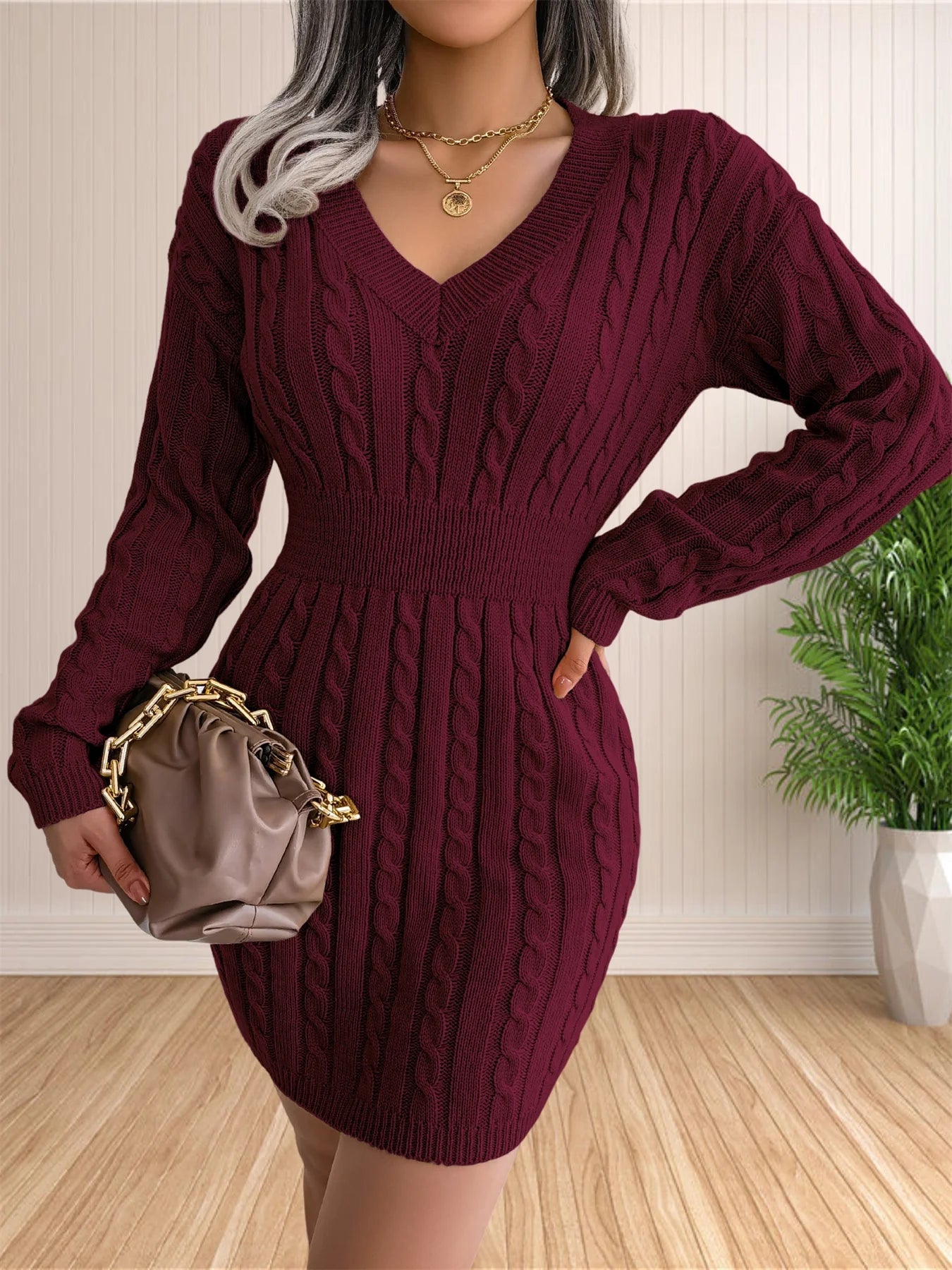 Women Sweater Dresses Cocktail V Neck Knitted Dress Sweater Sheath Dress