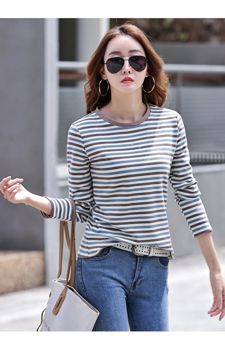 High Quality T Shirt For Women Korean Fashion Clothes Autumn Cotton Stripe Tee Shirt Femme O Neck Tops Woman Long Sleeve Tshirts
